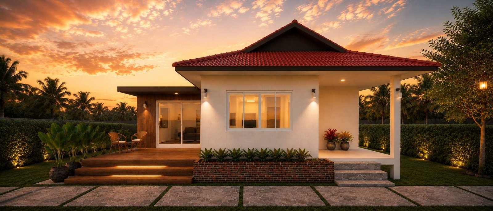 Rustic-modern villa renovation, Namuang, Koh Samui, exterior visualization at dusk