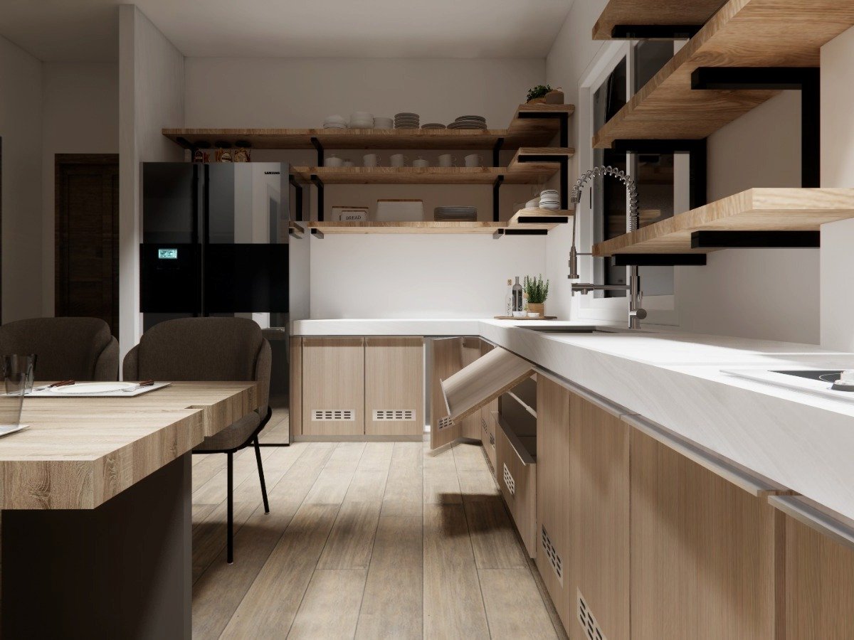 Open-plan kitchen concept, rustic-modern villa renovation, Namuang, warm timber cabinetry and open shelving