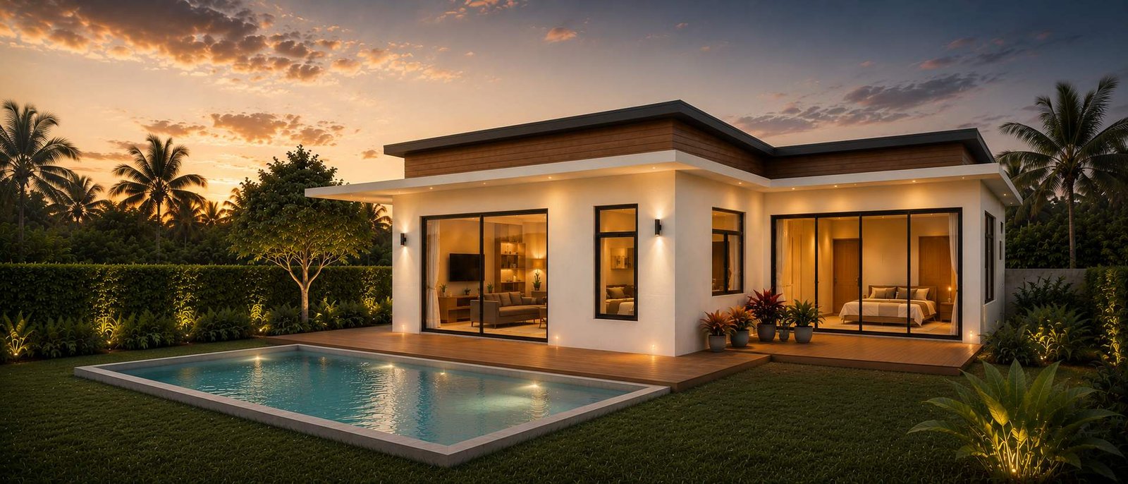 Modern sea-view pool villa, Ban Makham, Koh Samui, sunset exterior visualization