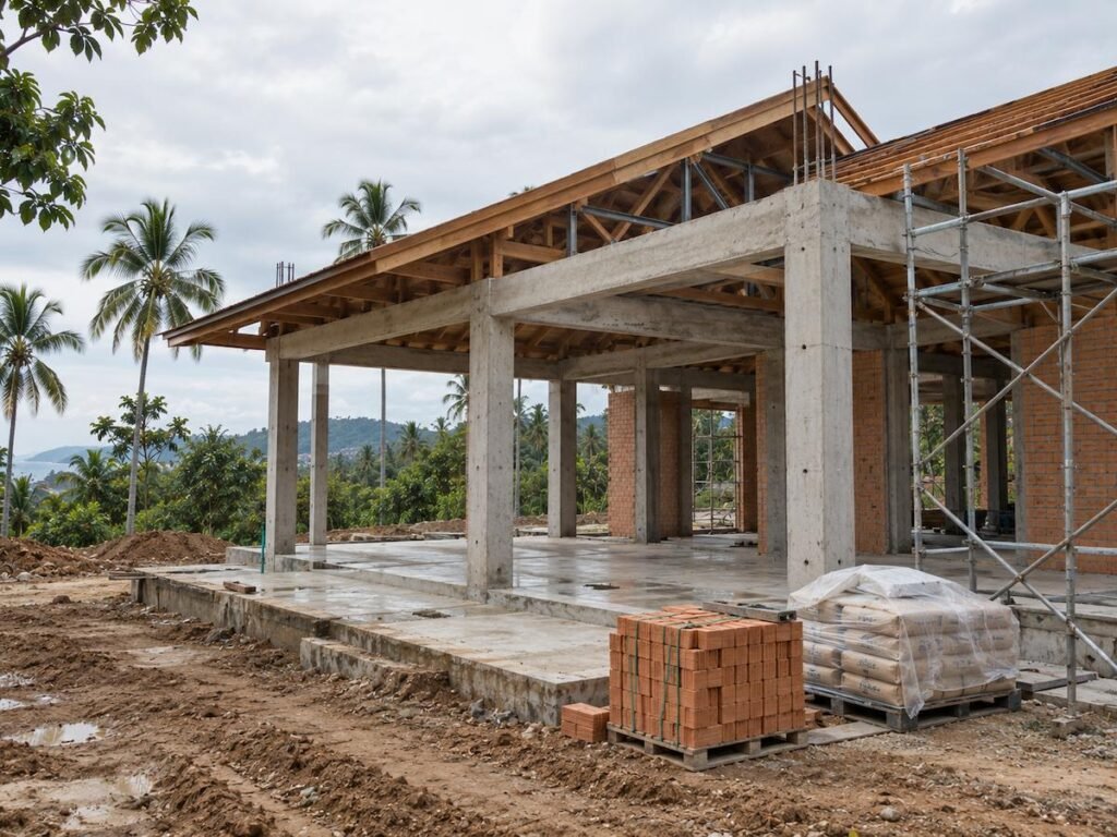 Villa under construction on Koh Samui, showing structural framing and site work