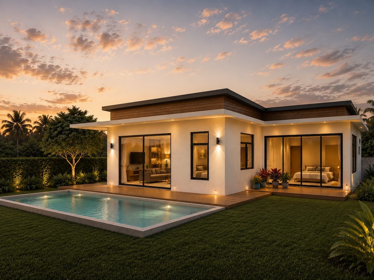 Modern sea-view pool villa, Ban Makham, Koh Samui, sunset exterior visualization