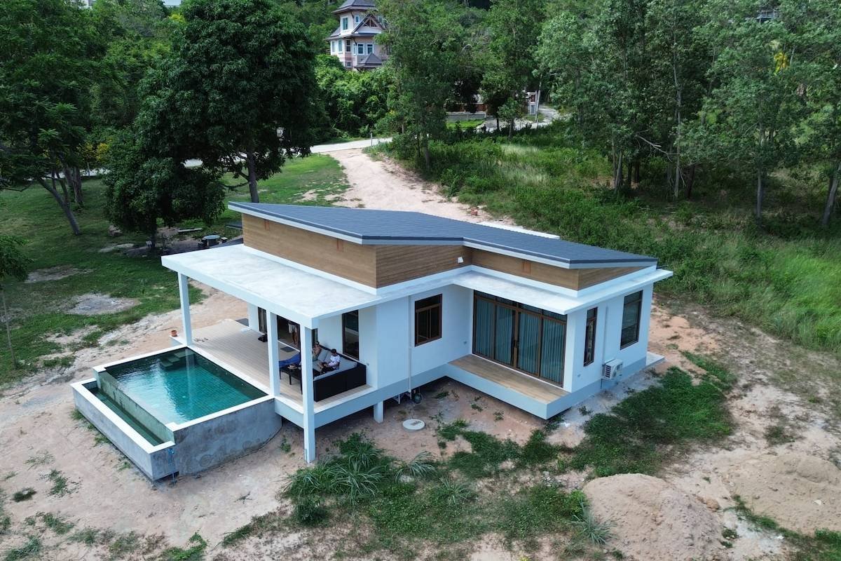 Aerial view of modern sea-view pool villa, Ban Makham, Koh Samui, nearing completion