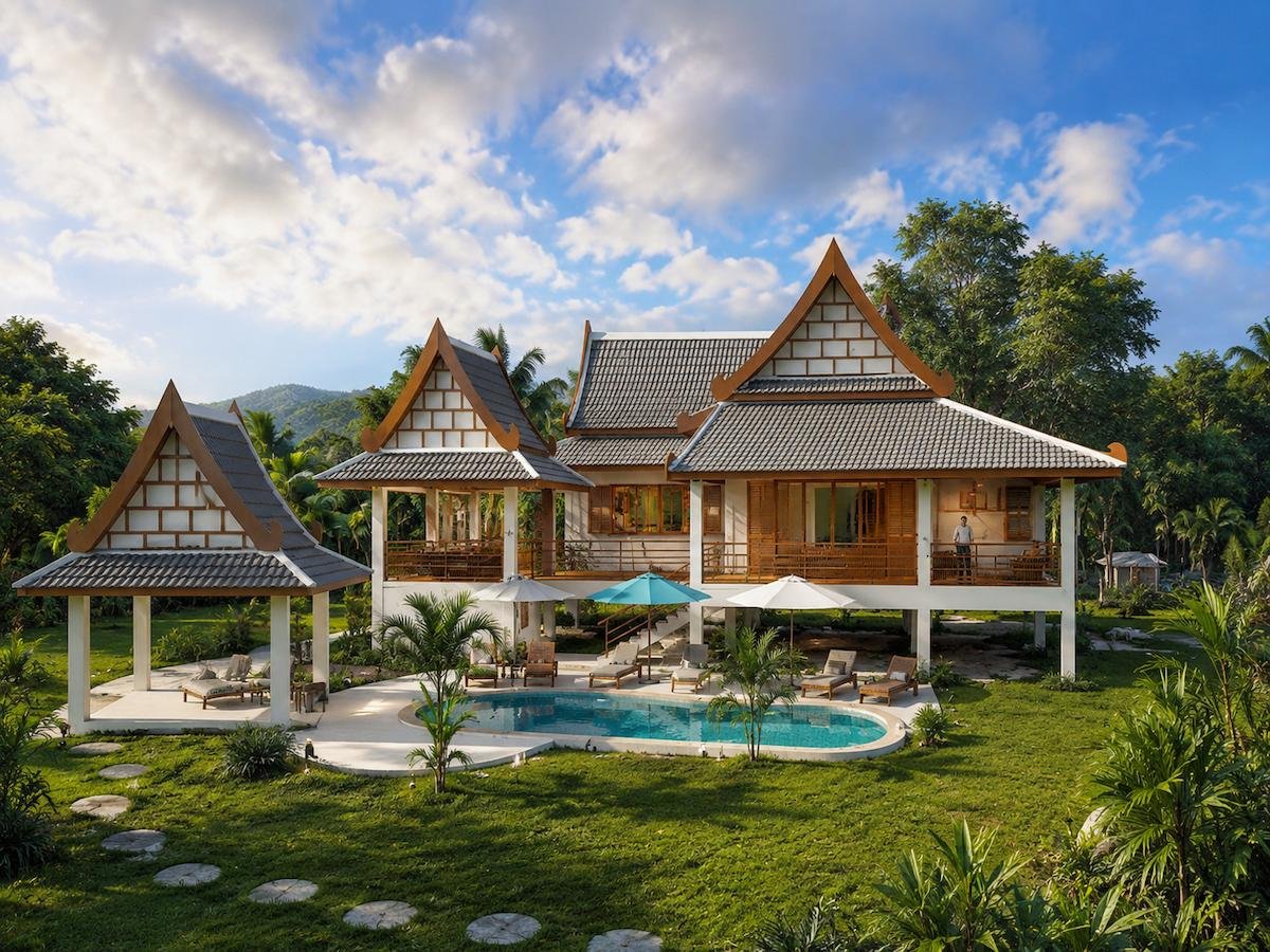 Early concept visualization, Thai-style pool villa, Nathon